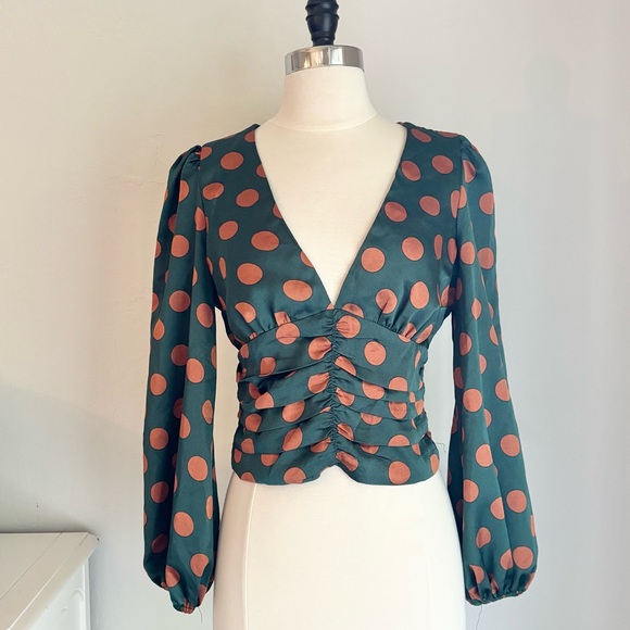 Green & Copper Dot Print Deep V-neck Smocked Waist Blouse, Small - Picture 1 of 11